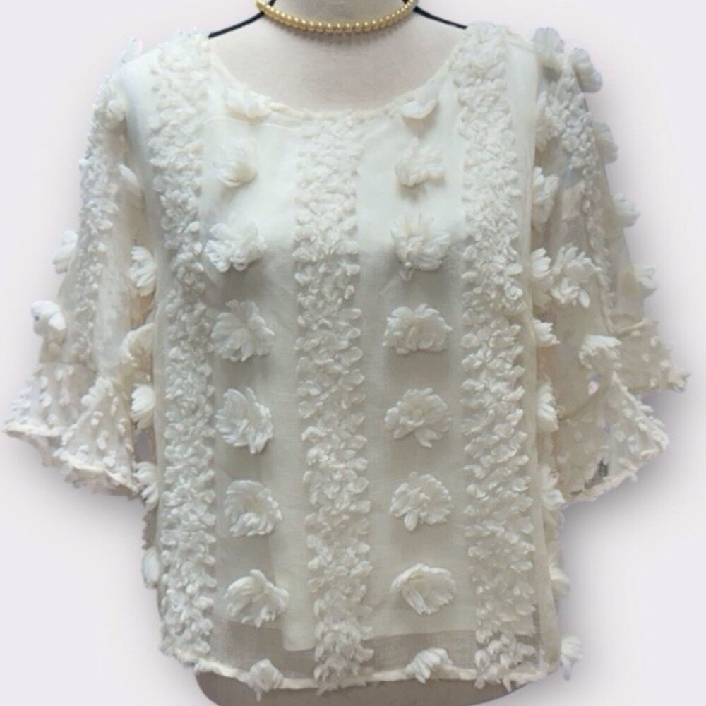 &Merci Womens Pom Pom Crop top Off White Short‎ Sleeve Bell Sleeve Blouse Size L